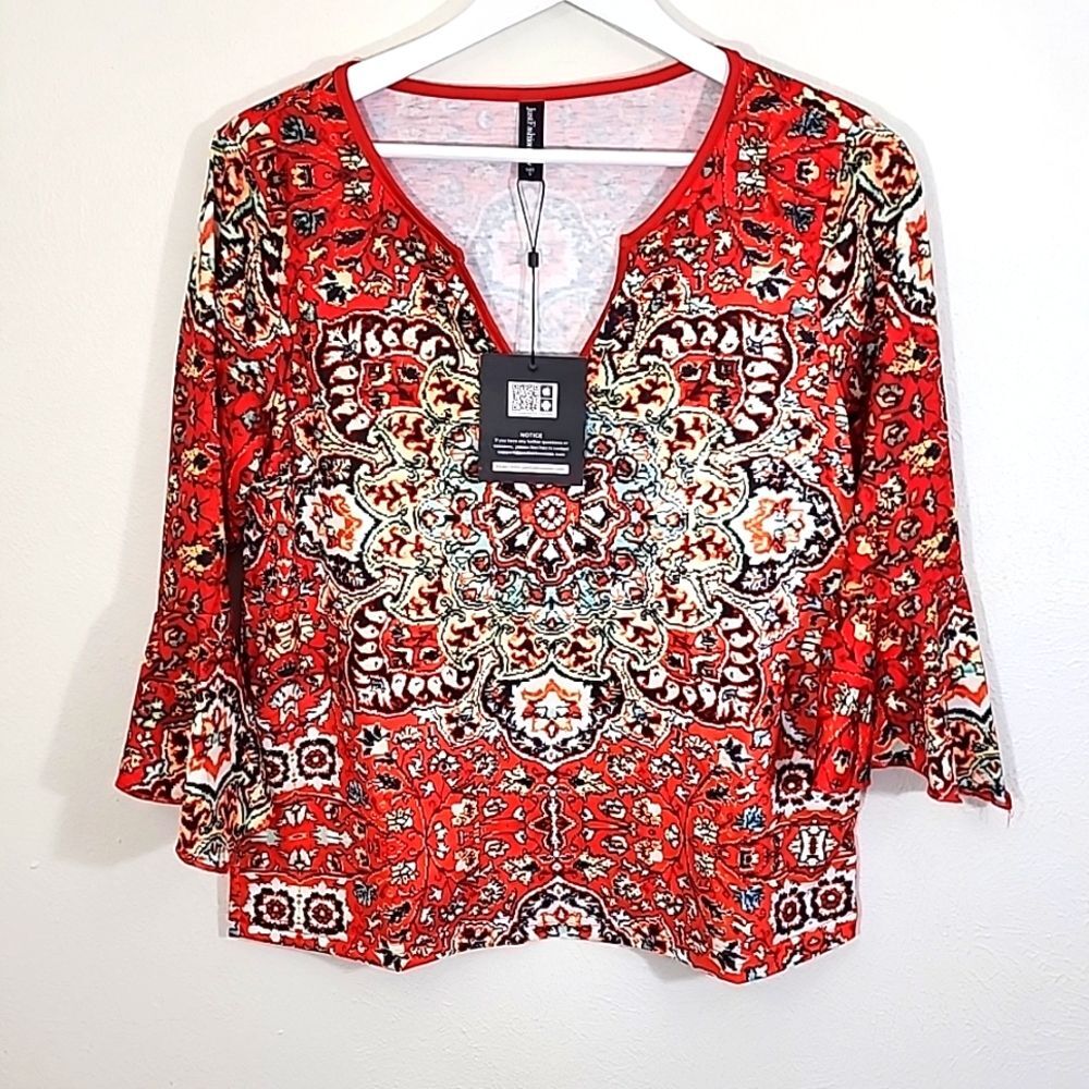 Just Fashion Now colorful mid bell sleeve boho floral top NWT size small
